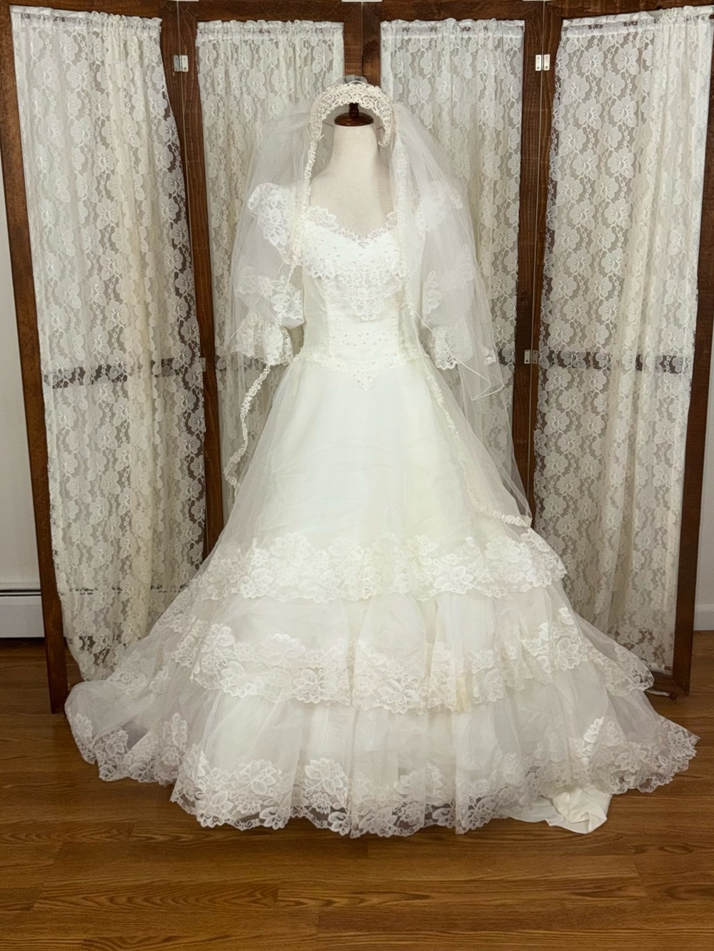 Fabulous Vintage 1980s Mori Lee Southern Belle Prairie Wedding Gown & Veil